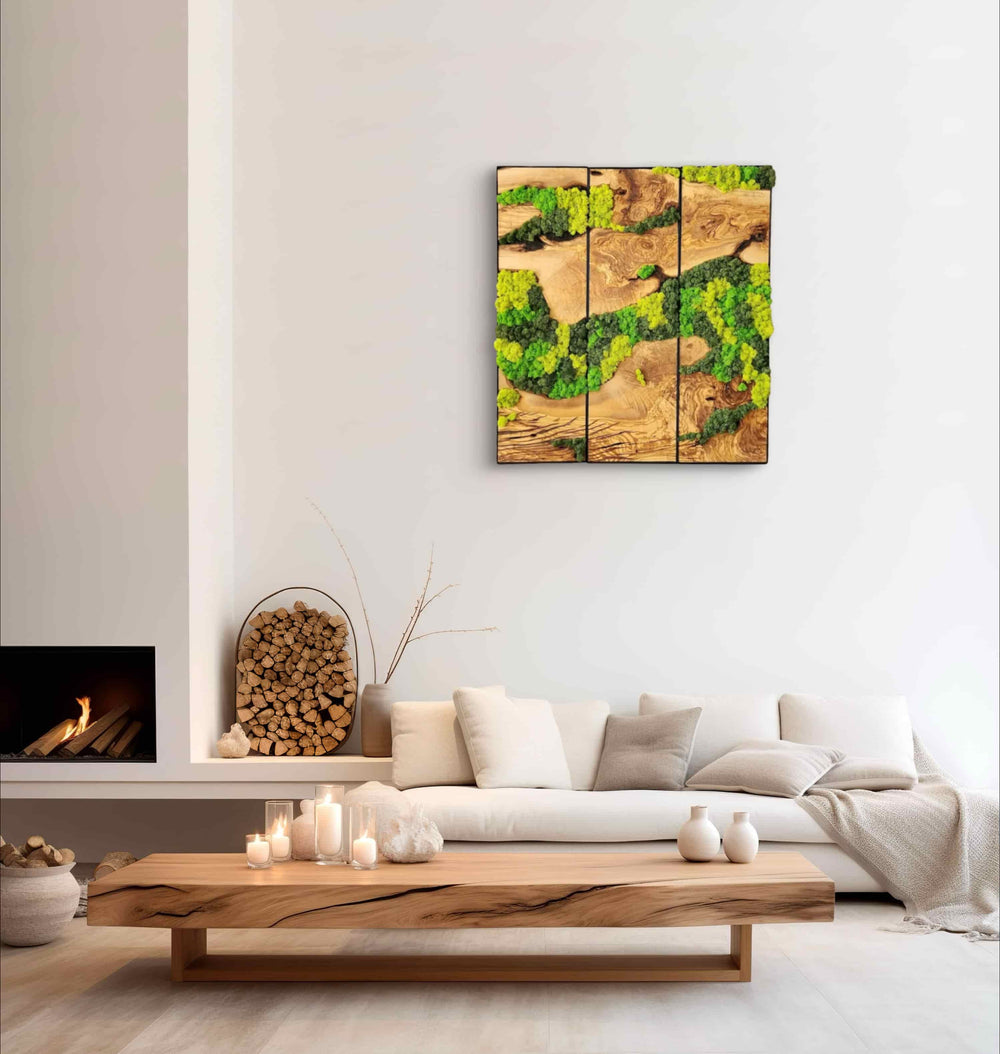 Moss and Olive Wood Wall Panels with Metal Frame