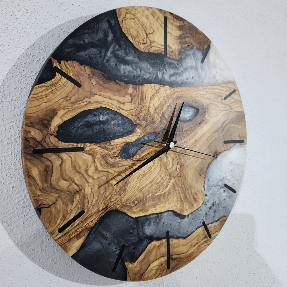 Custom Epoxy and Olive Wood Live Edge Wall Clock-Black,White Mix