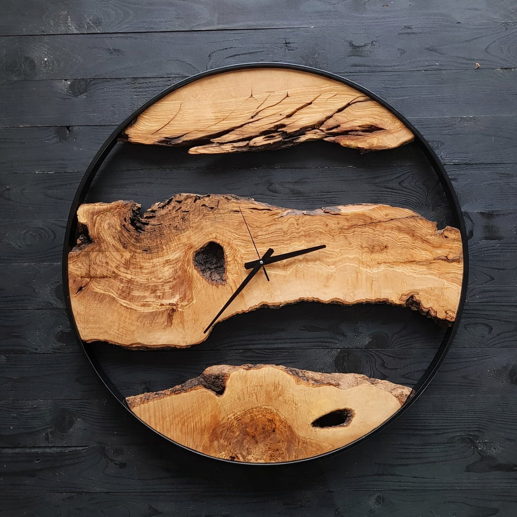 Wooden wall clock with natural grain and black frame on a dark wooden background