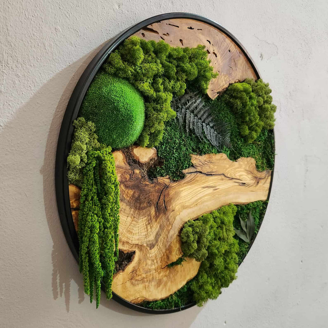 Moss and Olive Wood Wall Art in Metal Frame