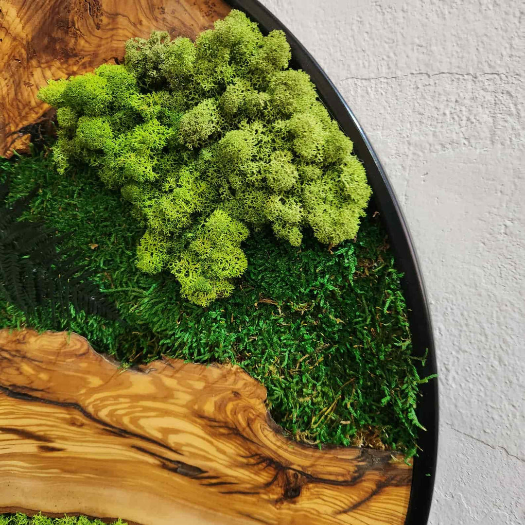 Moss and Olive Wood Wall Art in Metal Frame