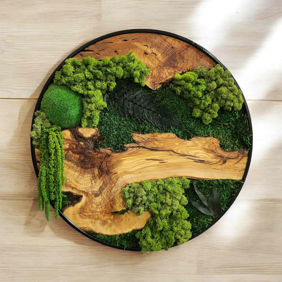 Moss and Olive Wood Wall Art in Metal Frame