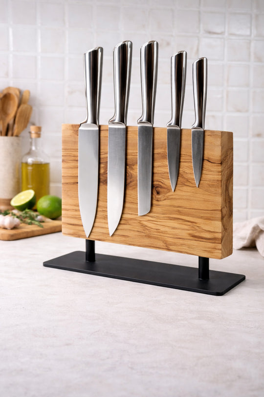 Olive Wood Magnetic Knife Holder with Metal Stand