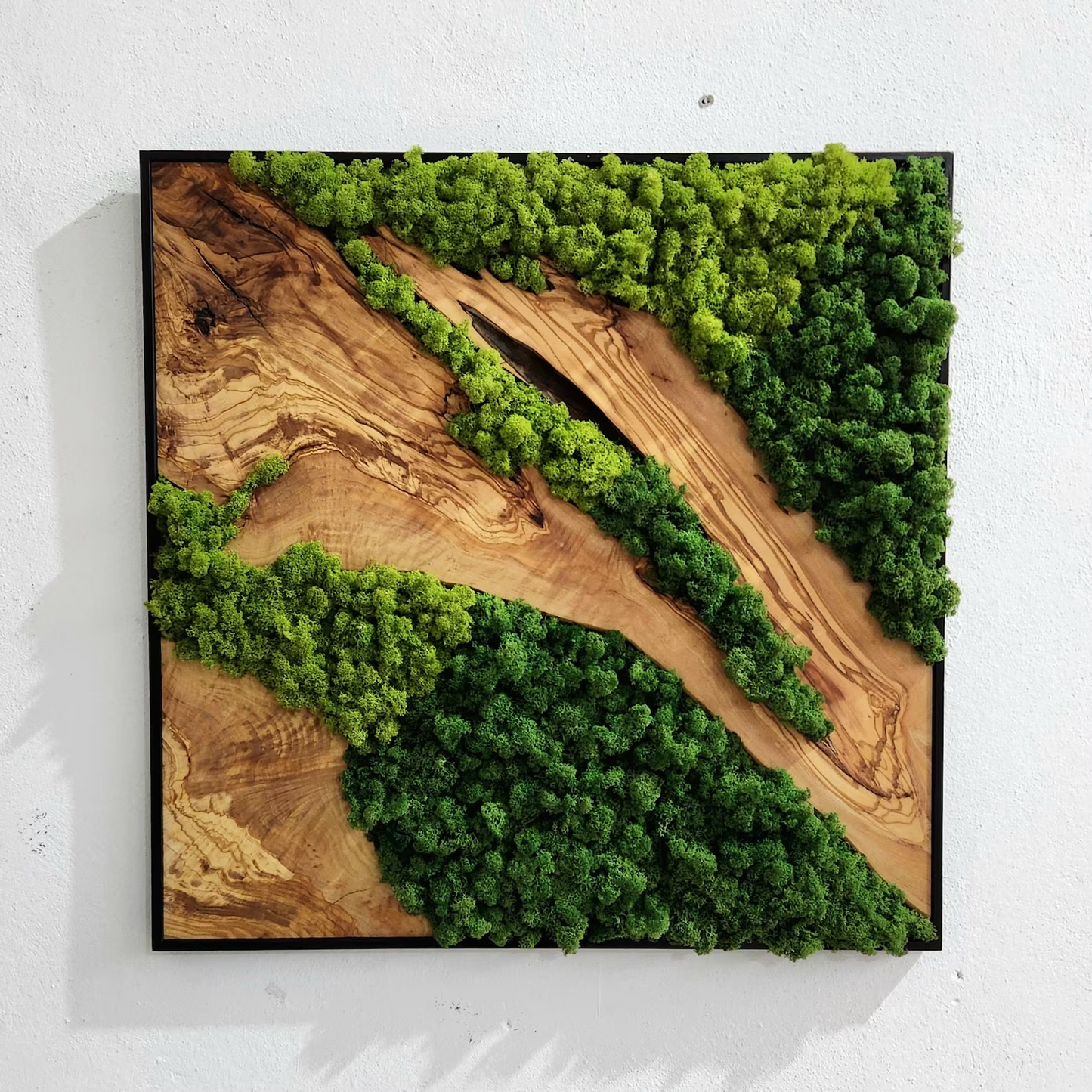 Handmade Moss and Olive Wood Home Decor With Metal Frame, Live Edge Wall Decor, Rustic Wooden Wall Decor, Wall Art, Farmhouse Wall Art
