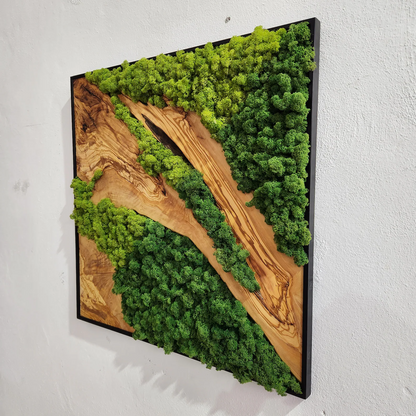 Handmade Moss and Olive Wood Home Decor With Metal Frame, Live Edge Wall Decor, Rustic Wooden Wall Decor, Wall Art, Farmhouse Wall Art