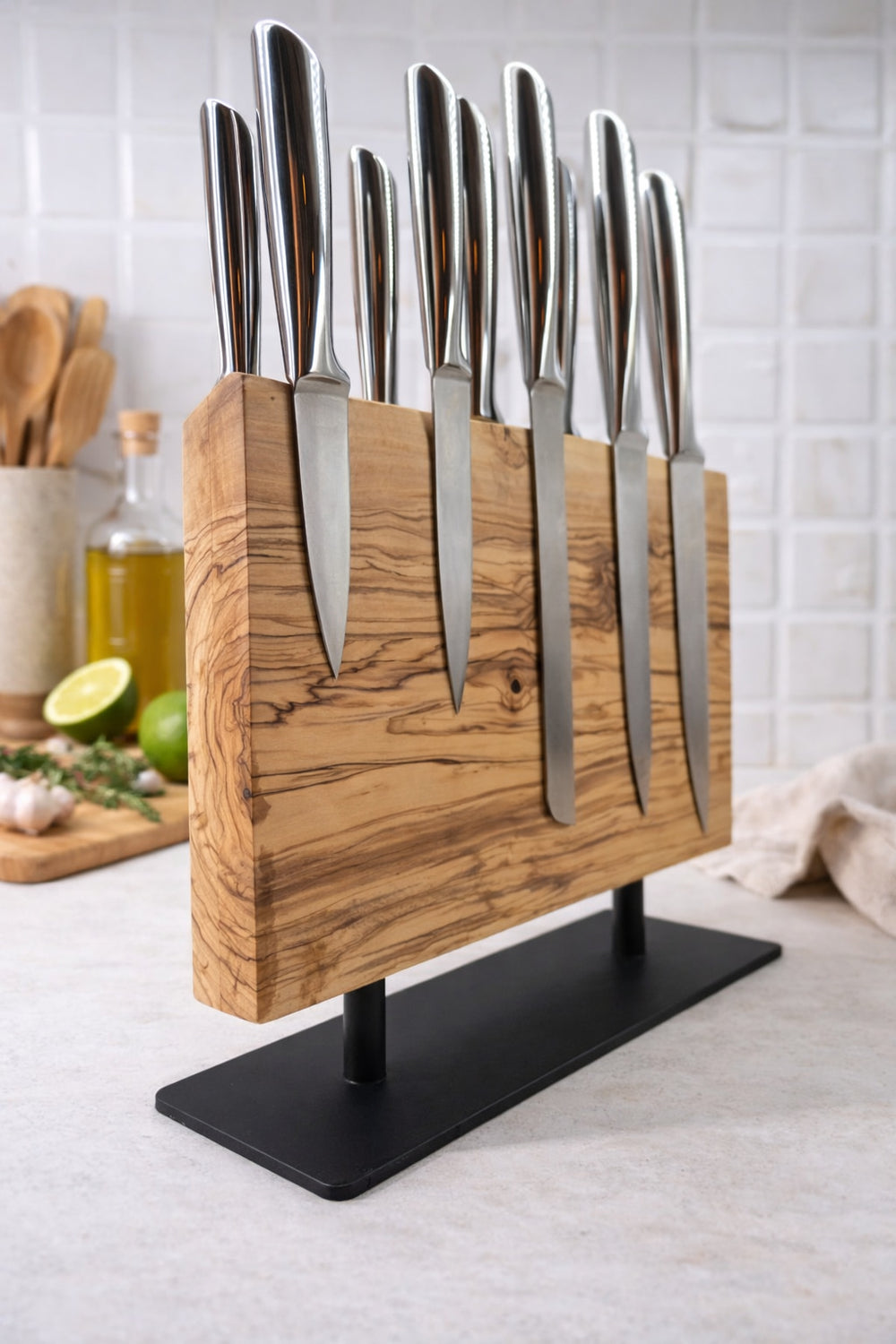 Olive Wood Magnetic Knife Holder with Metal Stand