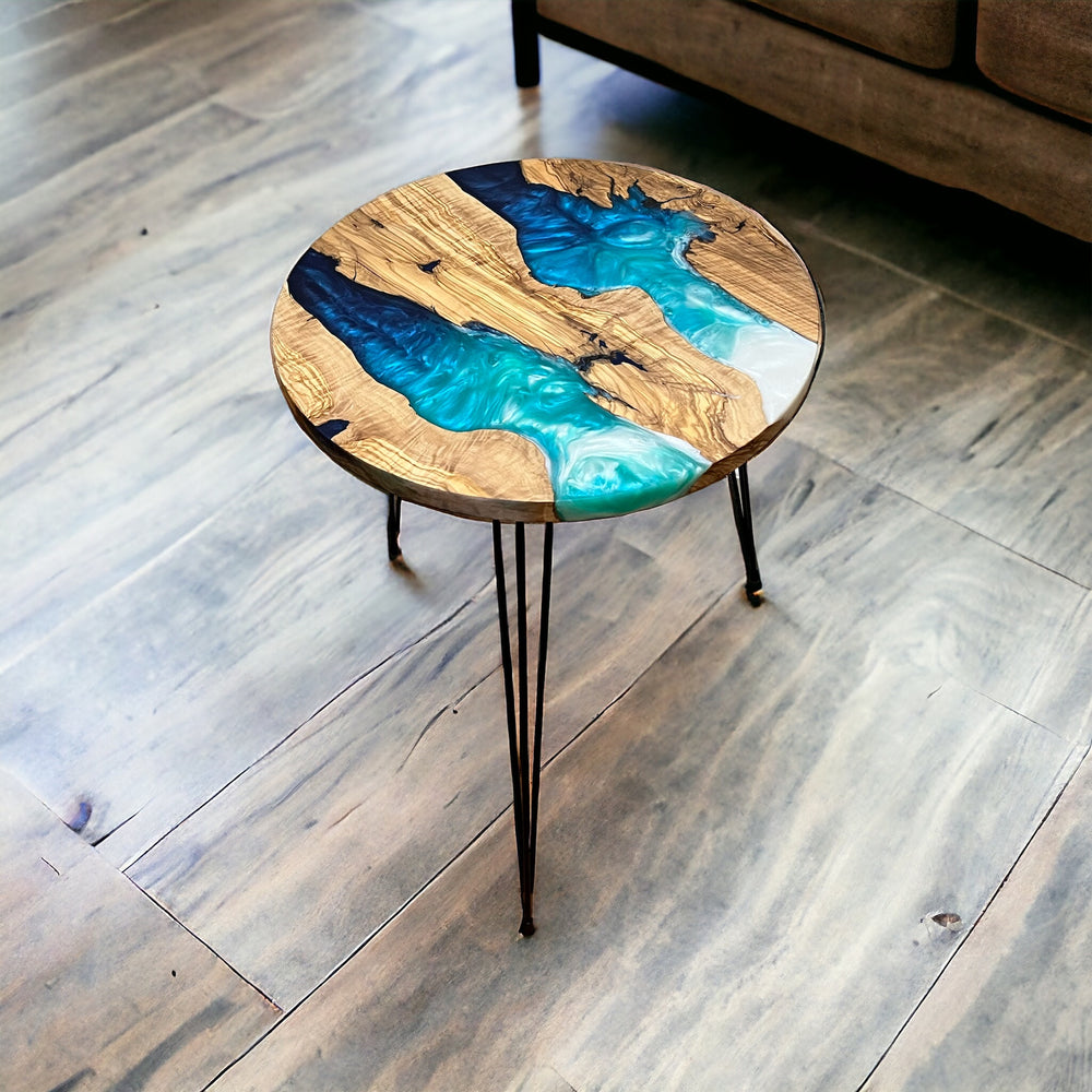 Custom Handcrafted Resin and Exotic Olive Wood Live Edge Round Table - Made to Order