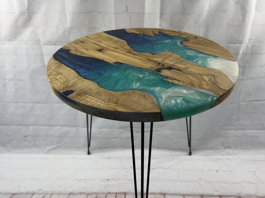 Custom Handcrafted Resin and Exotic Olive Wood Live Edge Round Table - Made to Order