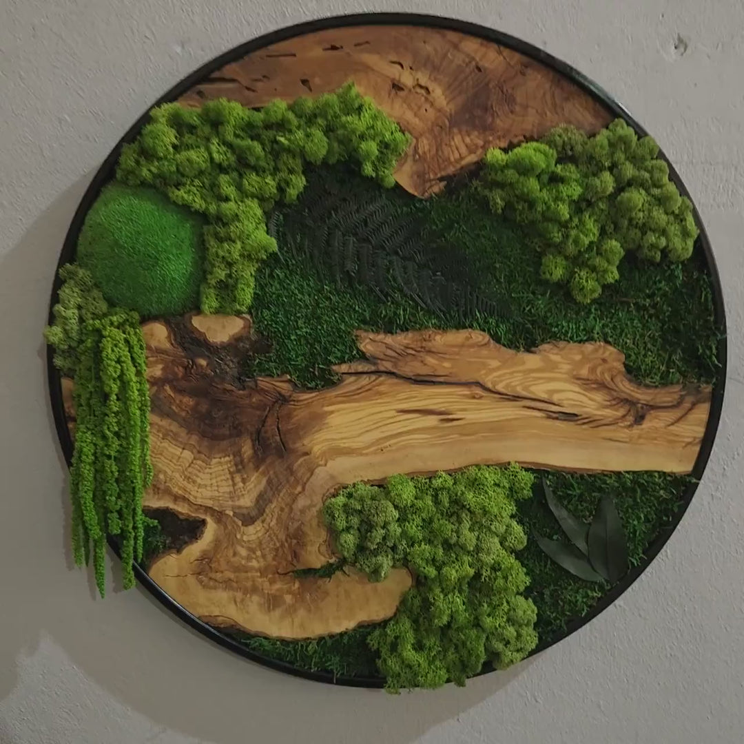 Moss and Olive Wood Wall Art in Metal Frame