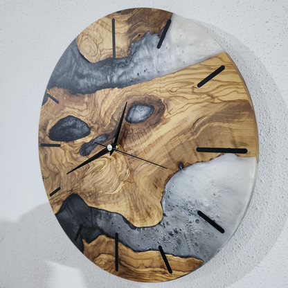 Custom Epoxy and Olive Wood Live Edge Wall Clock-Black,White Mix