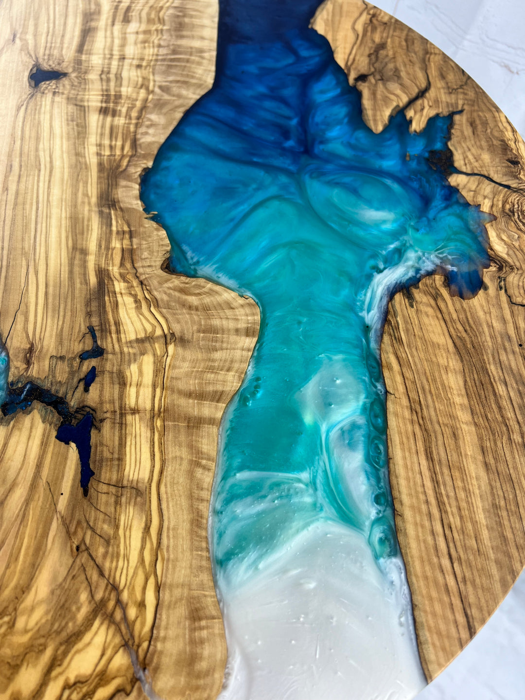 Custom Handcrafted Resin and Exotic Olive Wood Live Edge Round Table - Made to Order