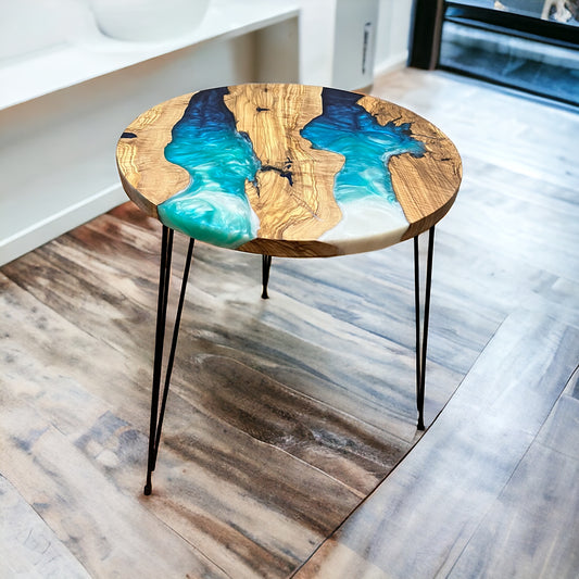 Custom Handcrafted Resin and Exotic Olive Wood Live Edge Round Table - Made to Order