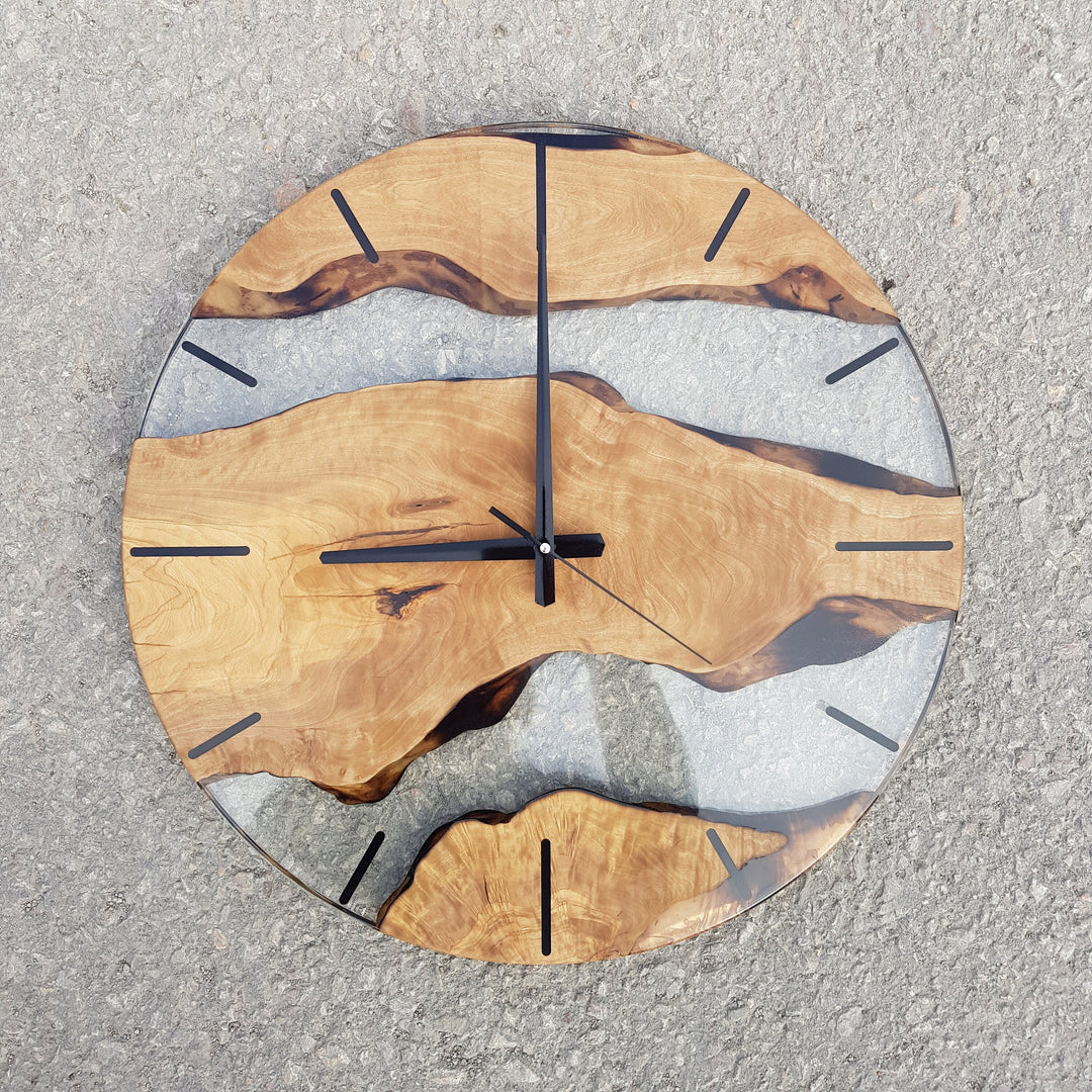 Clear resin and wooden wall clock