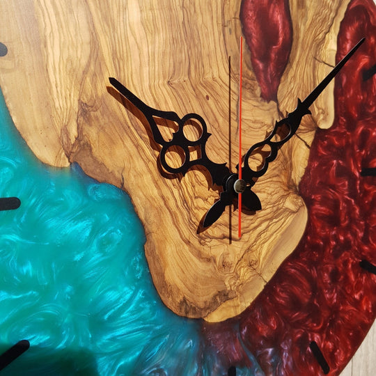 Handmade Resin and Olive Wood Wall Clock, Wall Decor, Large Wall Clock, Boho Wall Decor