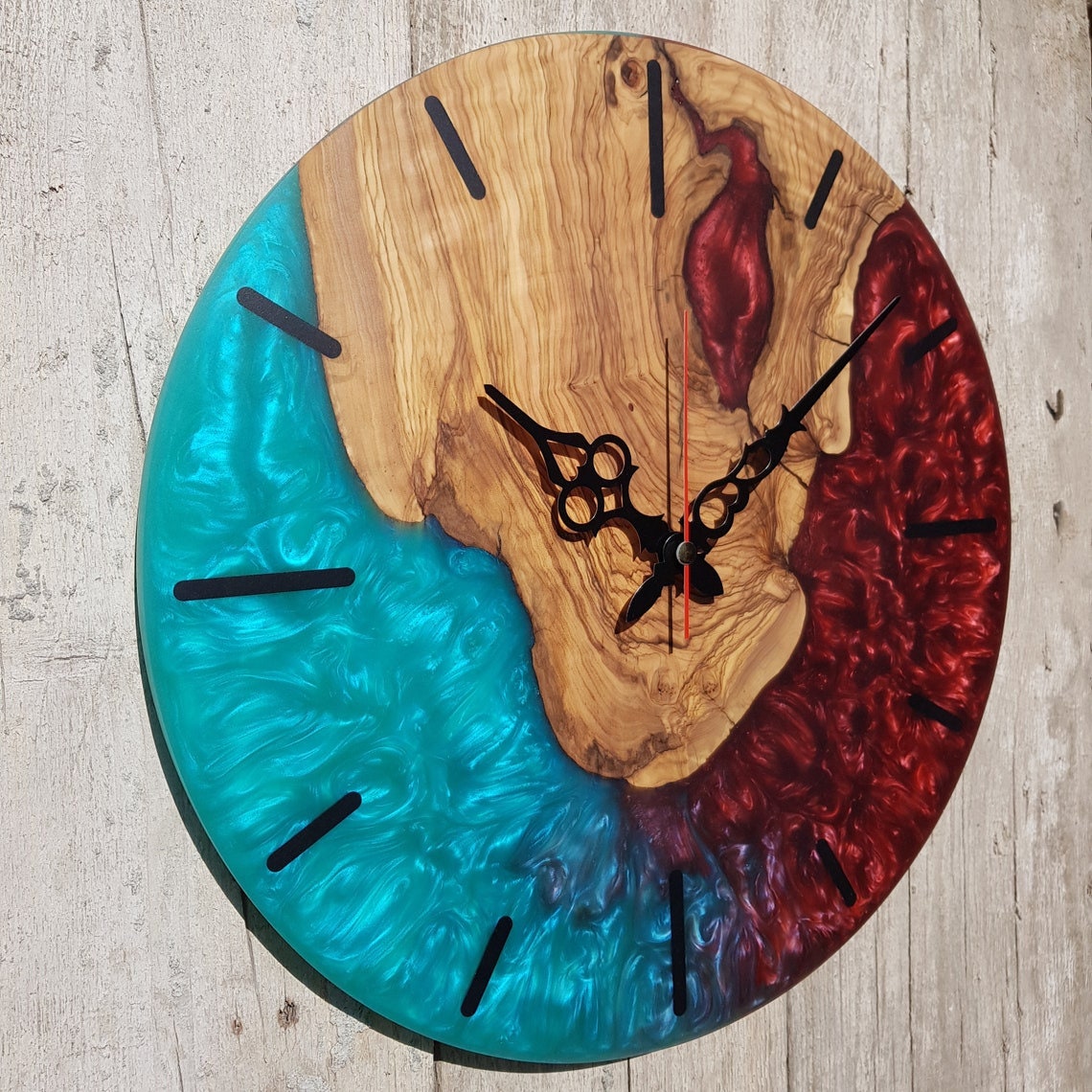 Handmade Resin and Olive Wood Wall Clock, Wall Decor, Large Wall Clock, Boho Wall Decor