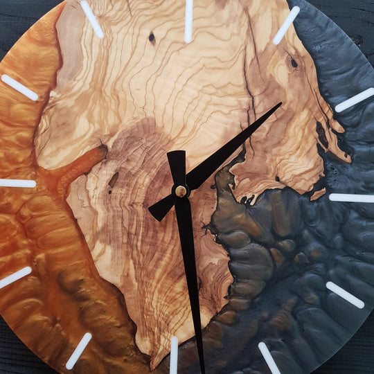 Handmade Epoxy and Olive Wood Wall Clock, Wall Decor, Large Wall Clock, Boho Wall Decor