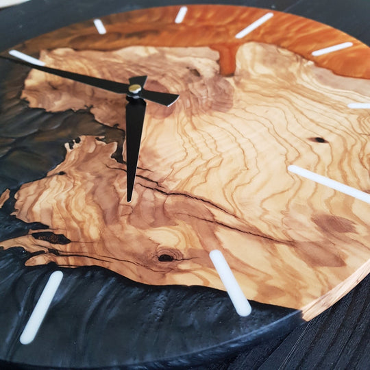 Handmade Epoxy and Olive Wood Wall Clock, Wall Decor, Large Wall Clock, Boho Wall Decor