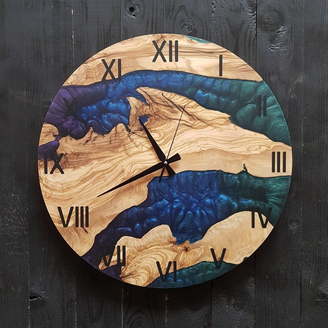 Custom Resin & Olive Wood Wall Clock, Boho Wall Decor, Home Wall Decor, Live Edge Wall Clock, Best Gift
