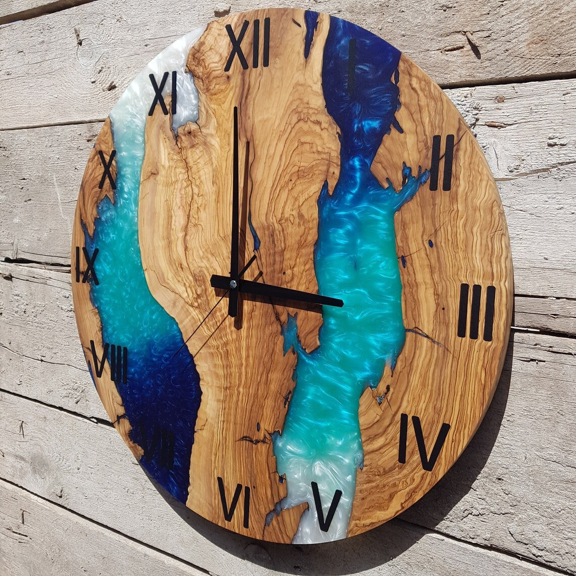 Custom Epoxy and Olive Wood Live Edge Wall Clock-Blue,Aqua,White Mix