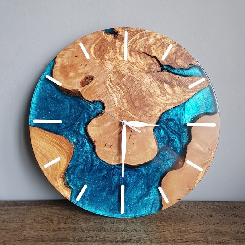 Customizable Epoxy and Olive Wood Wall Clock, Beach House Wall Decor, Home Wall Decor, Live Edge Wall Clock, Best Gift
