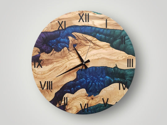 Custom Resin & Olive Wood Wall Clock, Boho Wall Decor, Home Wall Decor, Live Edge Wall Clock, Best Gift