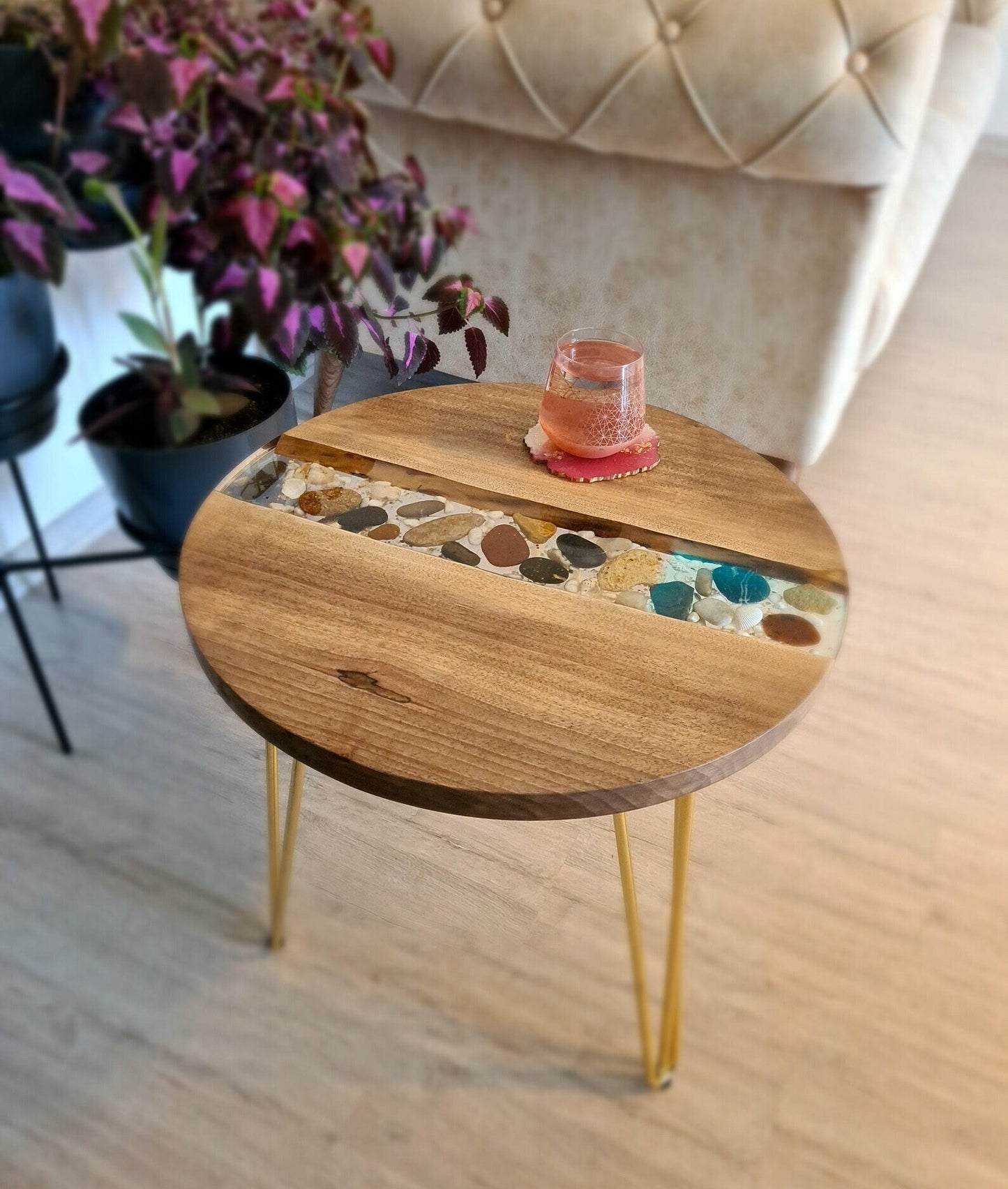 Custom Walnut Wood Coffee Table With Pebble Stones