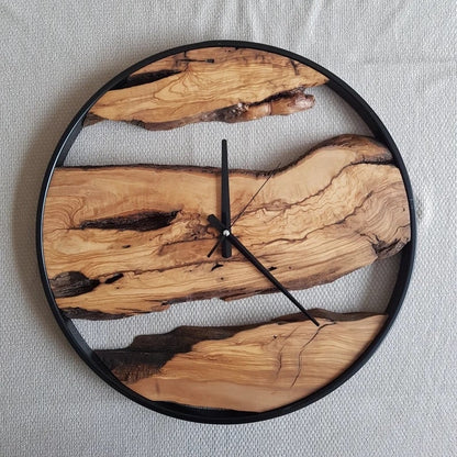 metal and olive wood wall clock