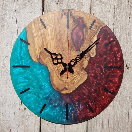 Handmade Resin and Olive Wood Wall Clock, Wall Decor, Large Wall Clock, Boho Wall Decor