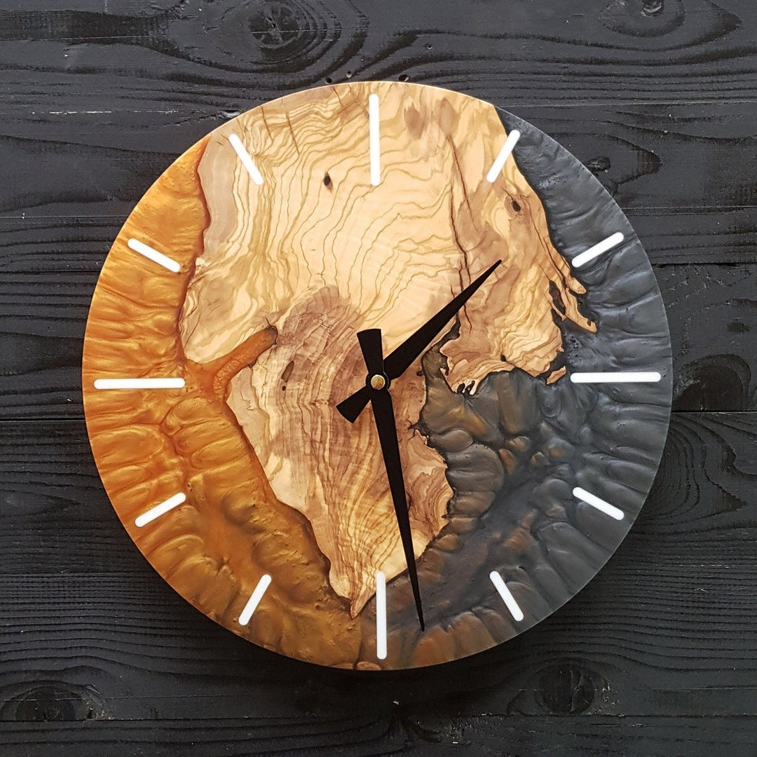 Handmade Epoxy and Olive Wood Wall Clock, Wall Decor, Large Wall Clock, Boho Wall Decor