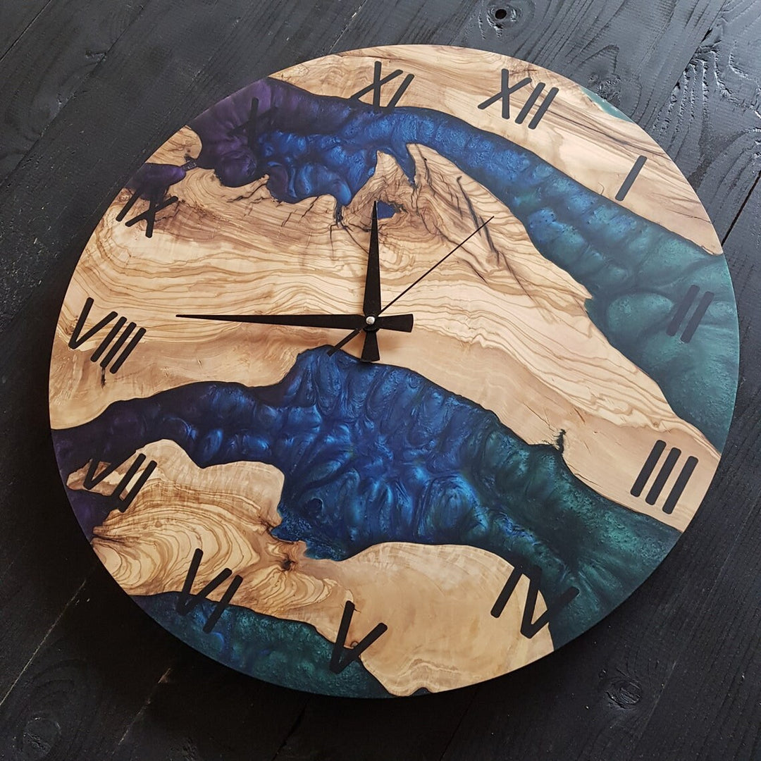 Custom Resin & Olive Wood Wall Clock, Boho Wall Decor, Home Wall Decor, Live Edge Wall Clock, Best Gift