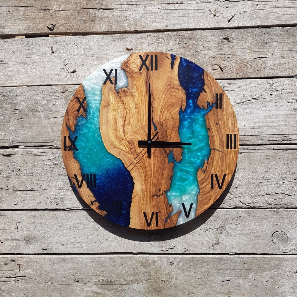 Custom Epoxy and Olive Wood Live Edge Wall Clock-Blue,Aqua,White Mix