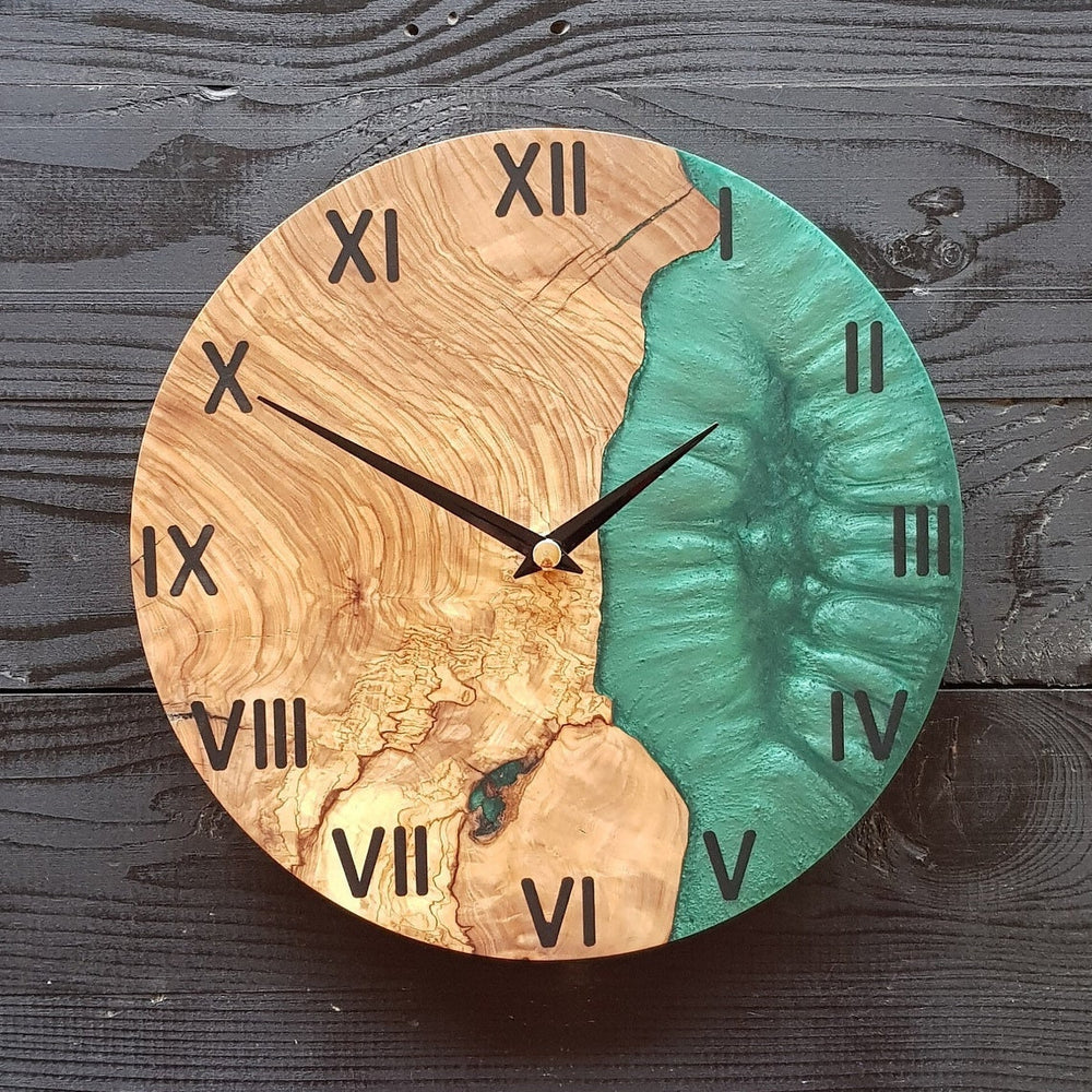 Handmade Epoxy and Olive Wood Wall Clock, Modern Large Wall Decor, Live Edge Wall Clock, Home Decor