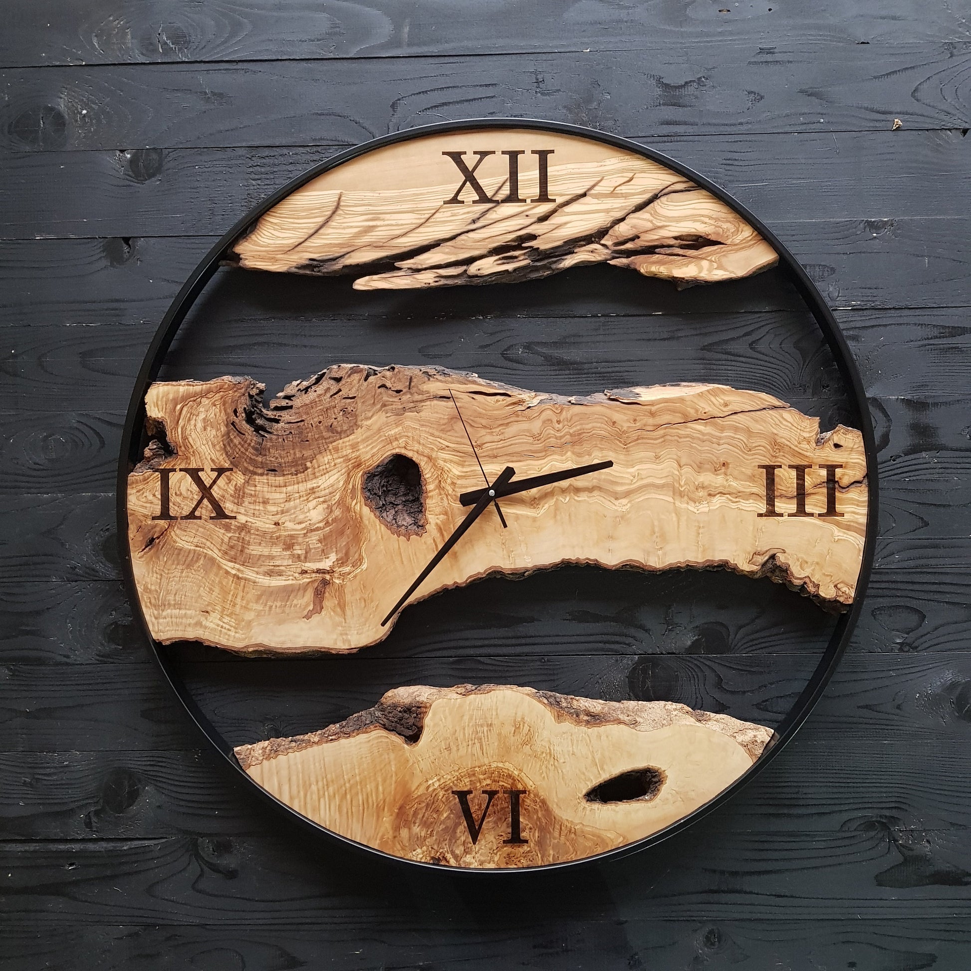metal and olive wood wall clock