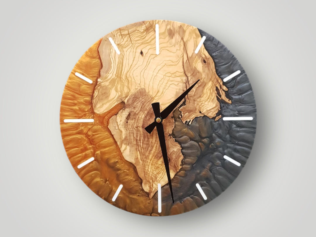 Handmade Epoxy and Olive Wood Wall Clock, Wall Decor, Large Wall Clock, Boho Wall Decor