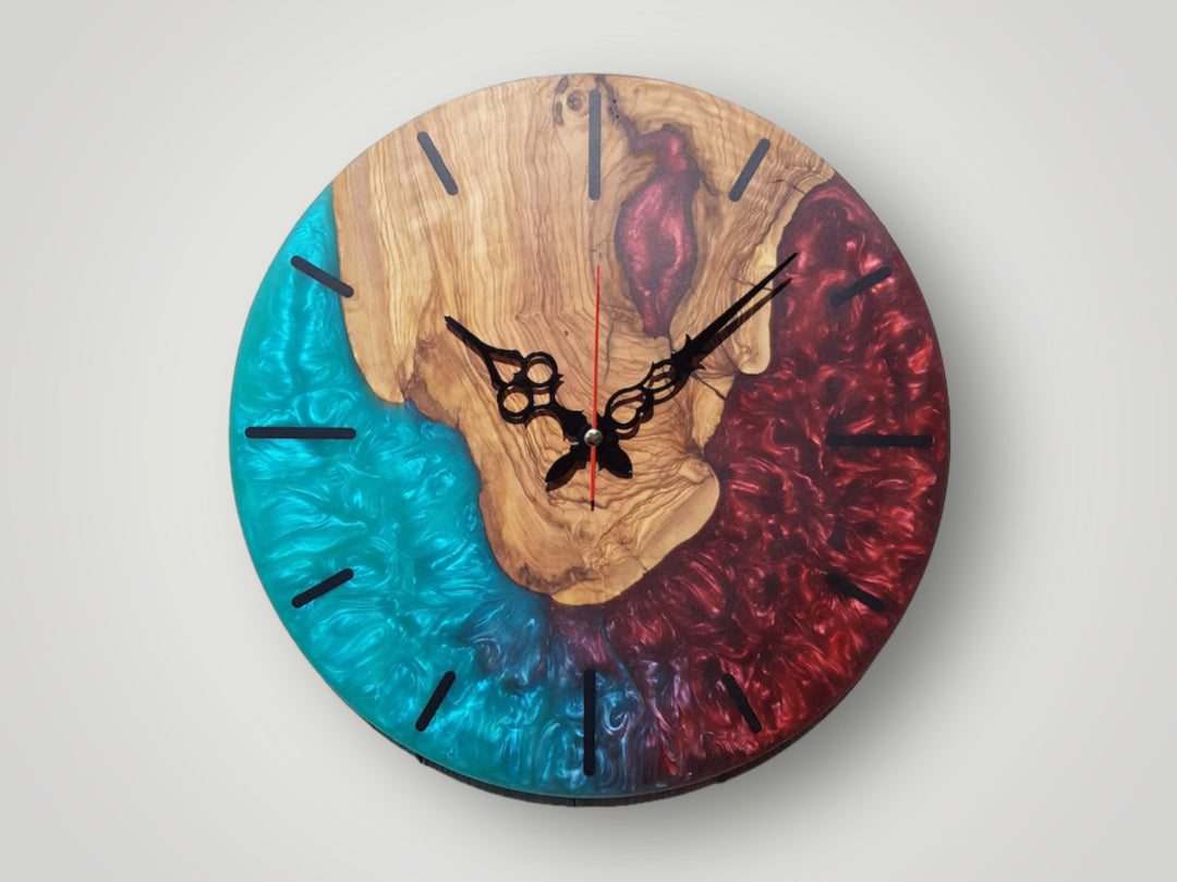 Handmade Resin and Olive Wood Wall Clock, Wall Decor, Large Wall Clock, Boho Wall Decor