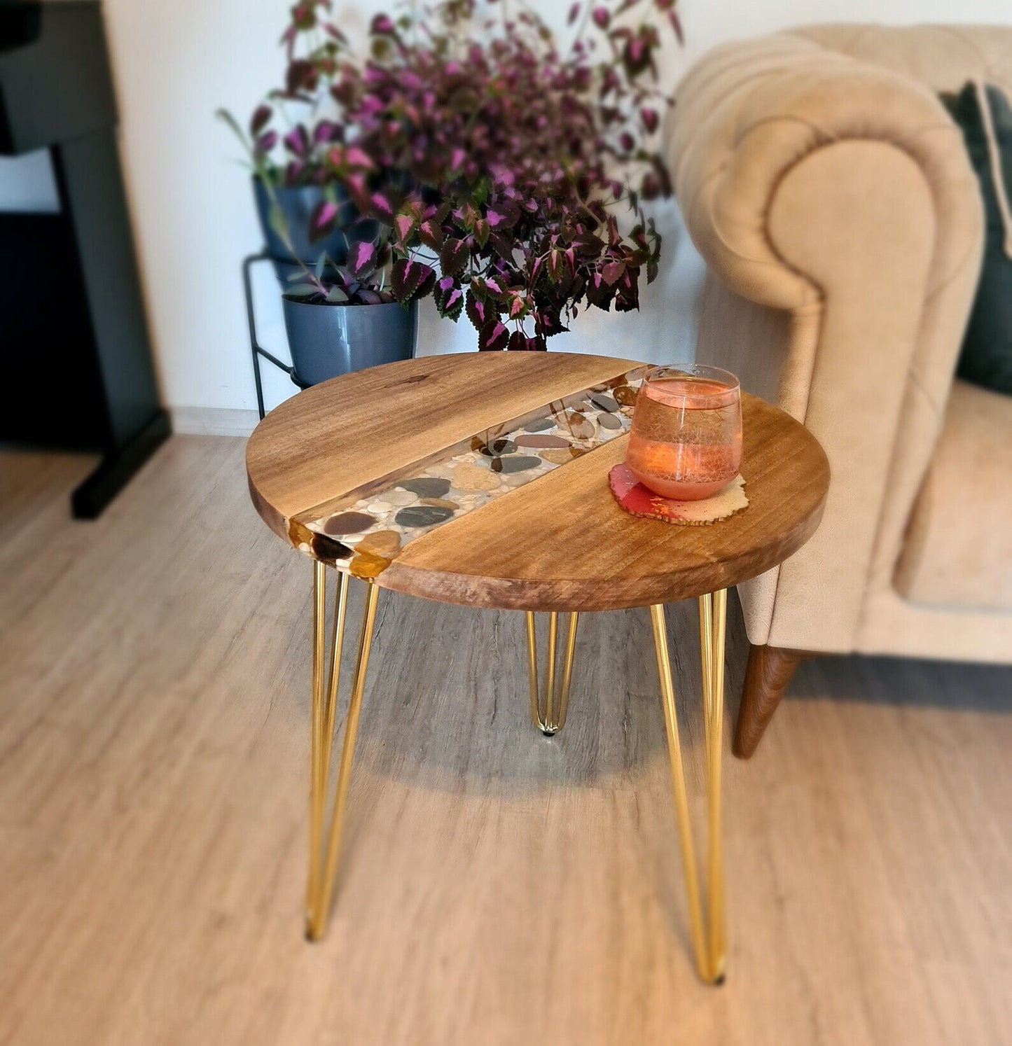 Custom Walnut Wood Coffee Table With Pebble Stones