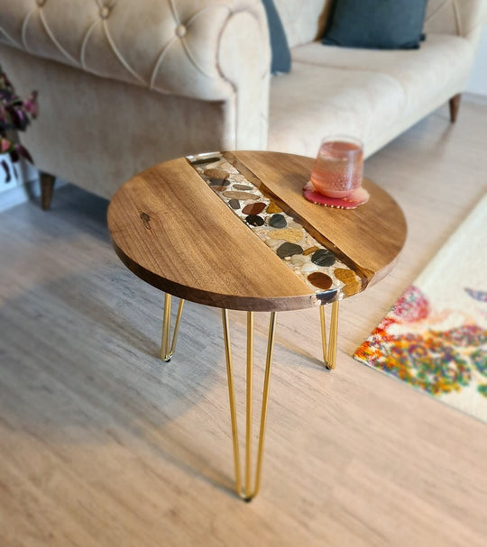 Custom Walnut Wood Coffee Table With Pebble Stones