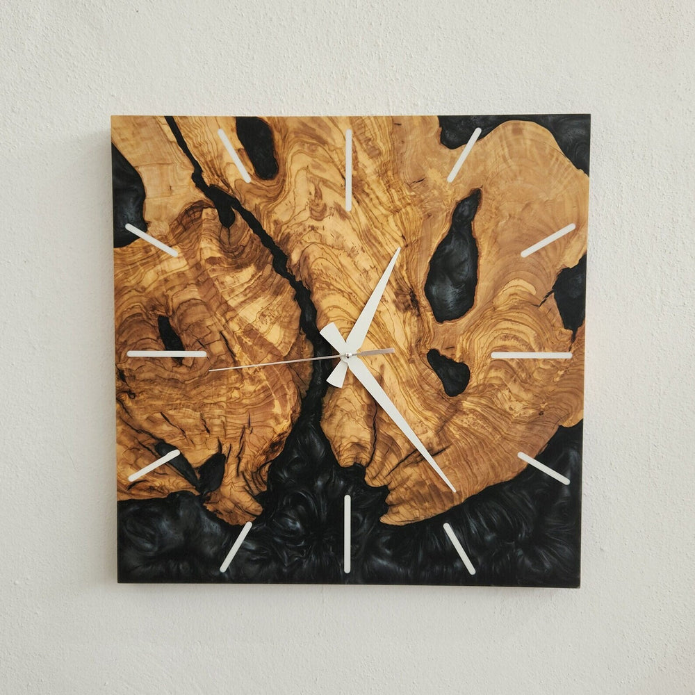 Black resin and olive wood square wall clock