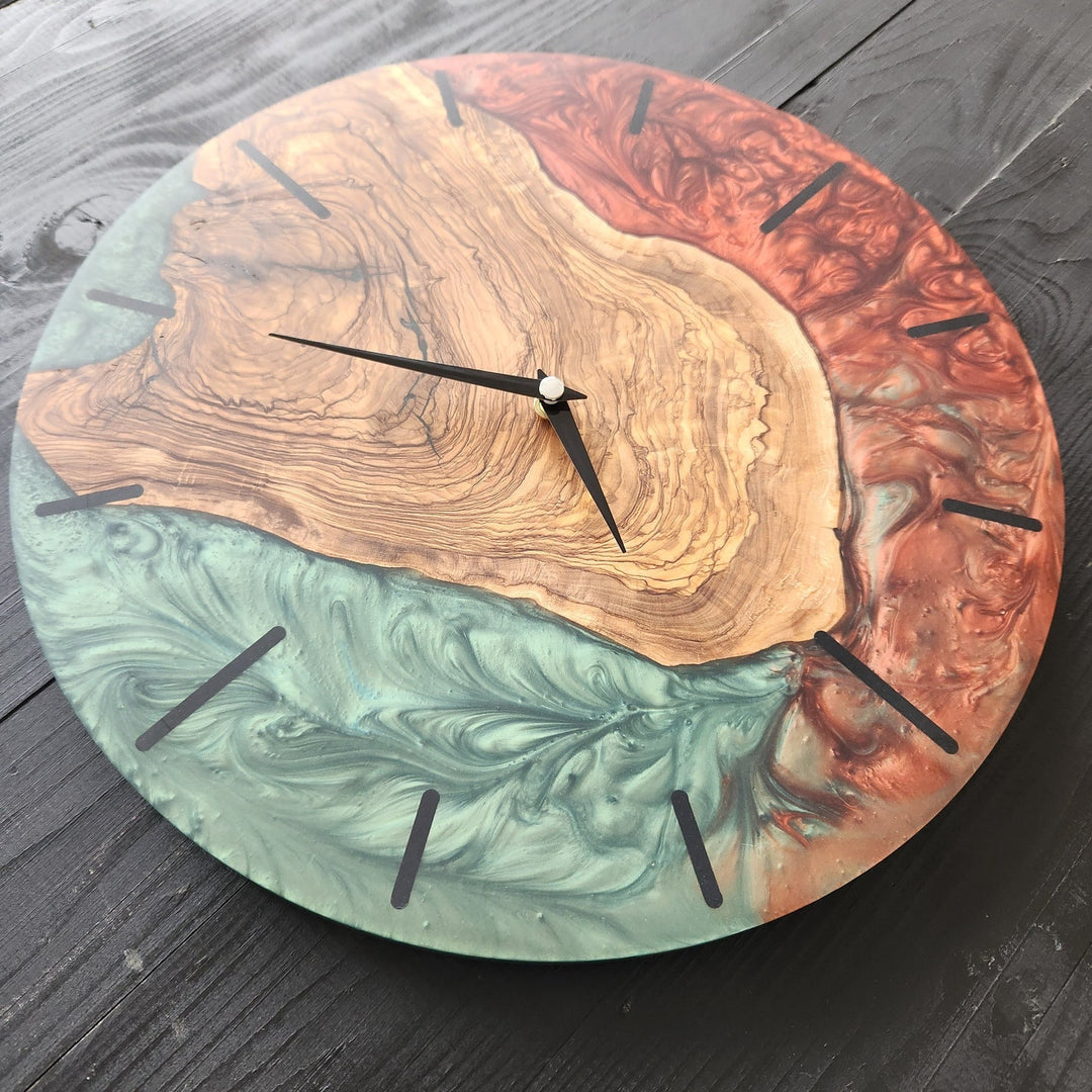 Epoxy and olive wood wall clock