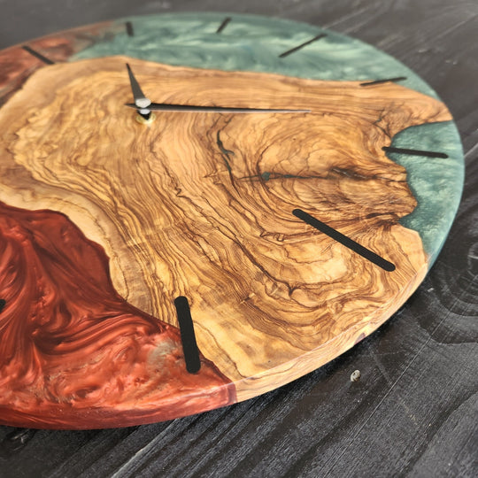 Handmade Epoxy and Olive Wood Wall Clock, Rustic Wall Decor, Large Wall Clock, Boho Wall Decor