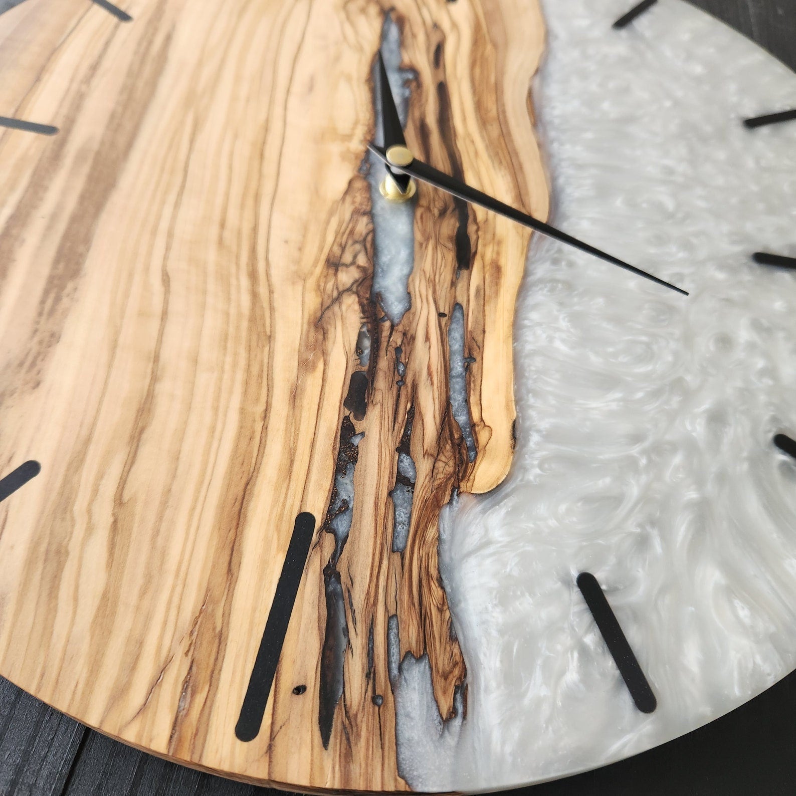 White Resin and olive wood wall clock