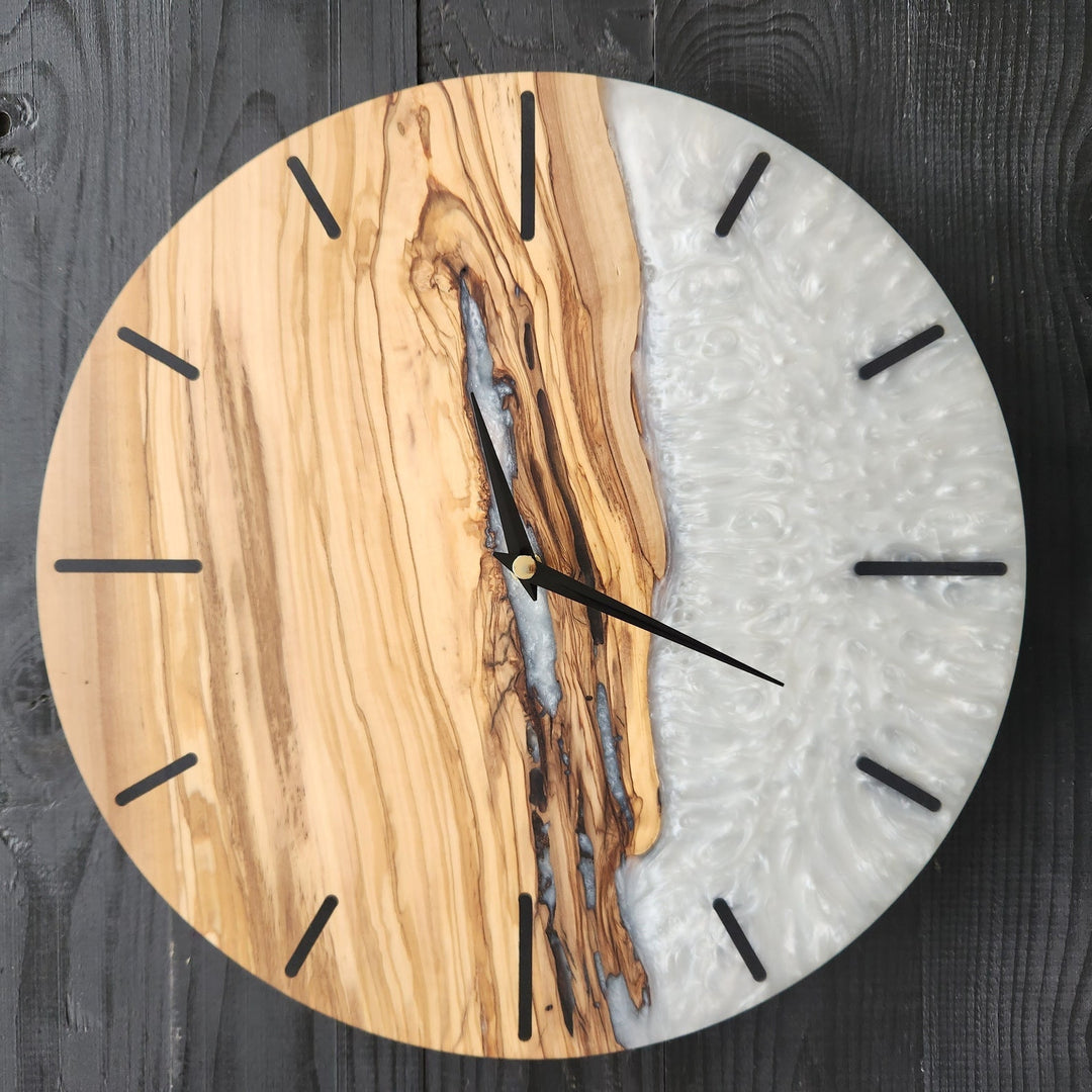 White Resin and olive wood wall clock