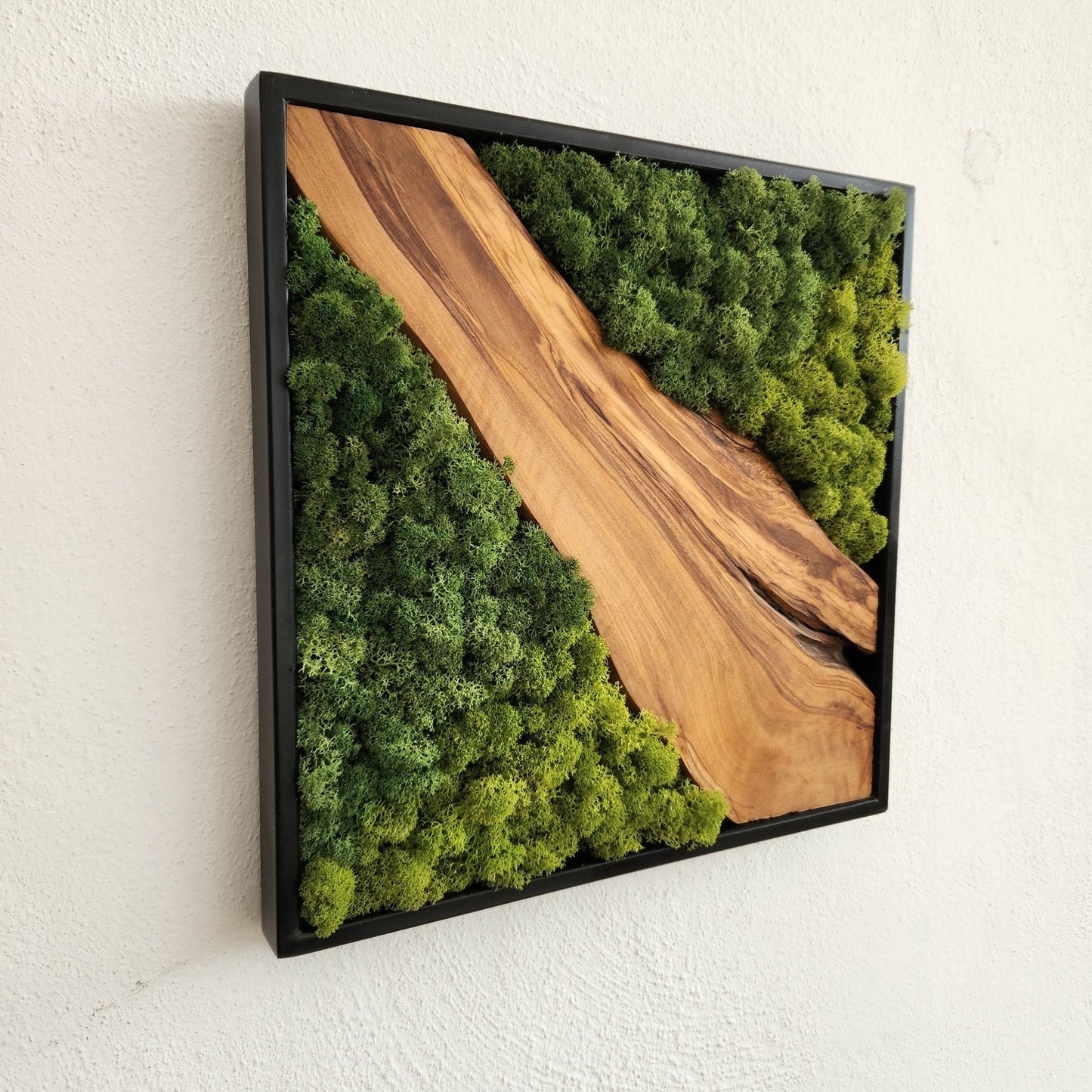 Moss and olive wood wall decor with metal frame