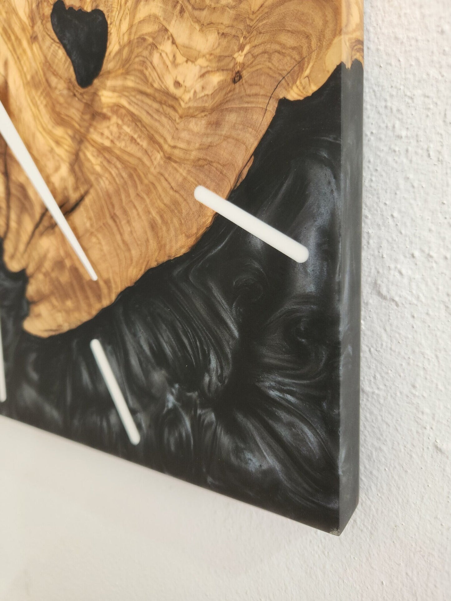 Black resin and olive wood square wall clock