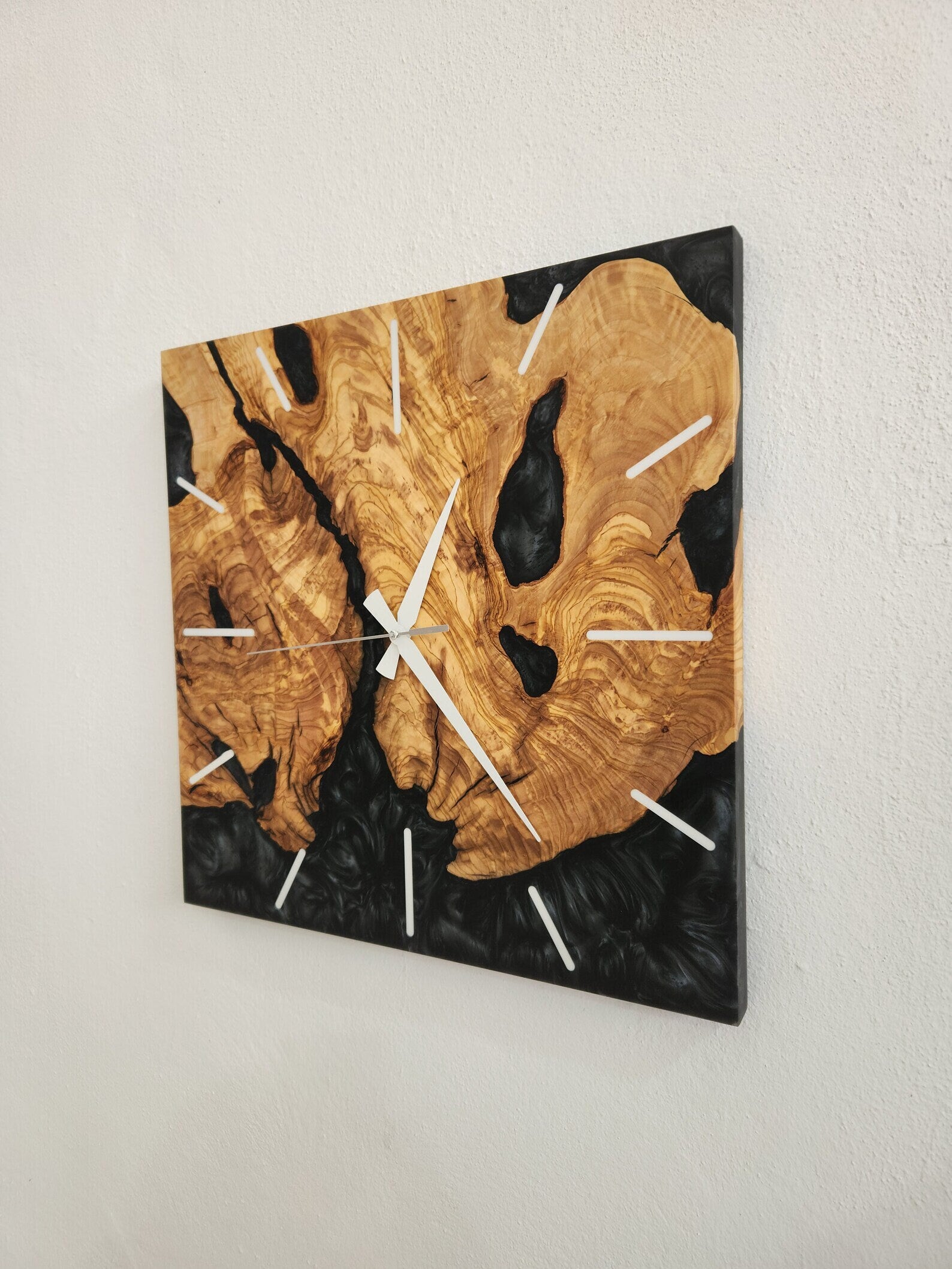 Black resin and olive wood square wall clock