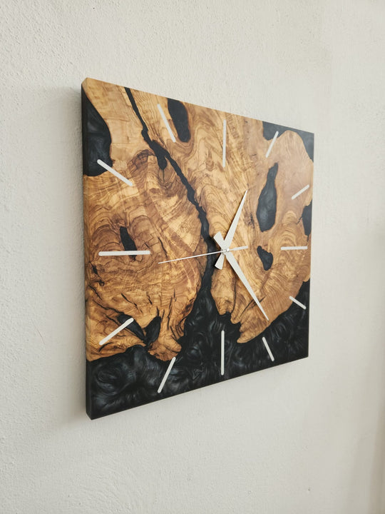 Black resin and olive wood square wall clock