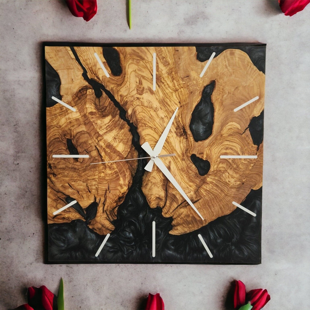 Black resin and olive wood square wall clock