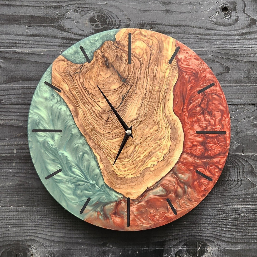 Epoxy and olive wood wall clock