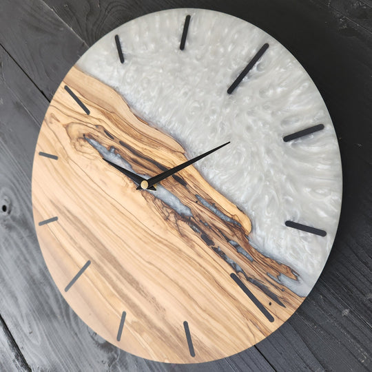 Large Custom Epoxy and Olive Wood Wall Clock, Rustic Wall Decor, Large Wall Clock, Boho Wall Decor