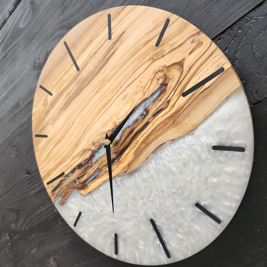 White Resin and olive wood wall clock